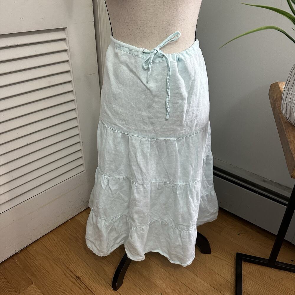 Lily Stanhope Skirt Womens 10 Linen Light Blue Tiered Midi Coastal Minimalist